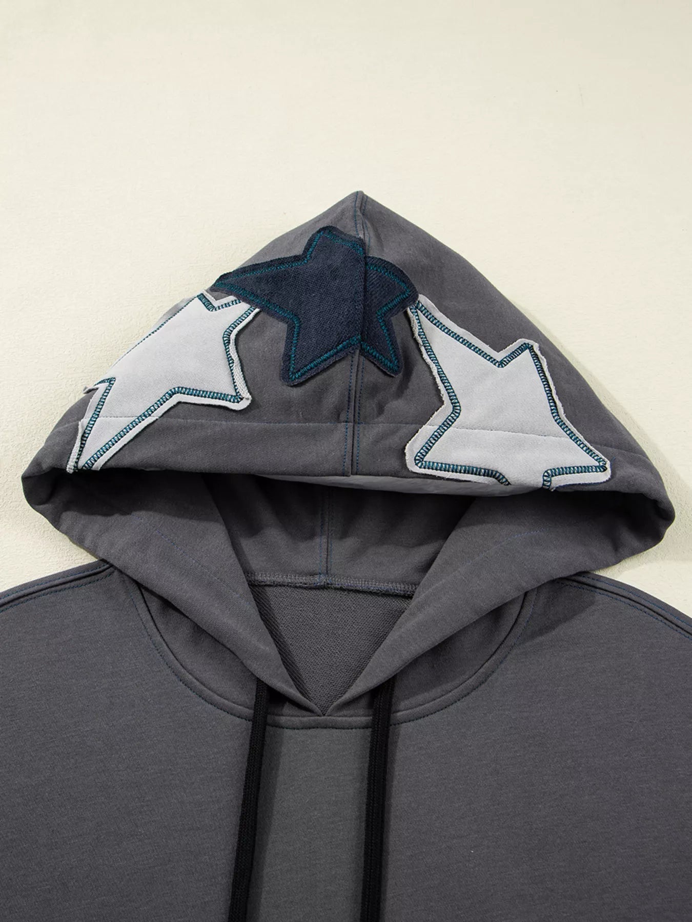 Trendsi Star Patchwork Contrast Stitching Mineral Wash Kangaroo Pocket Hoodie