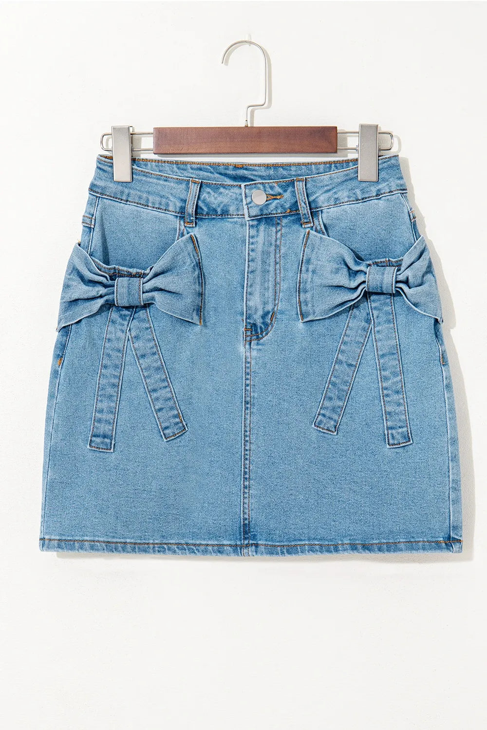 Acid Wash Bowknot Details High Waist Denim Skirt Easy Apparels