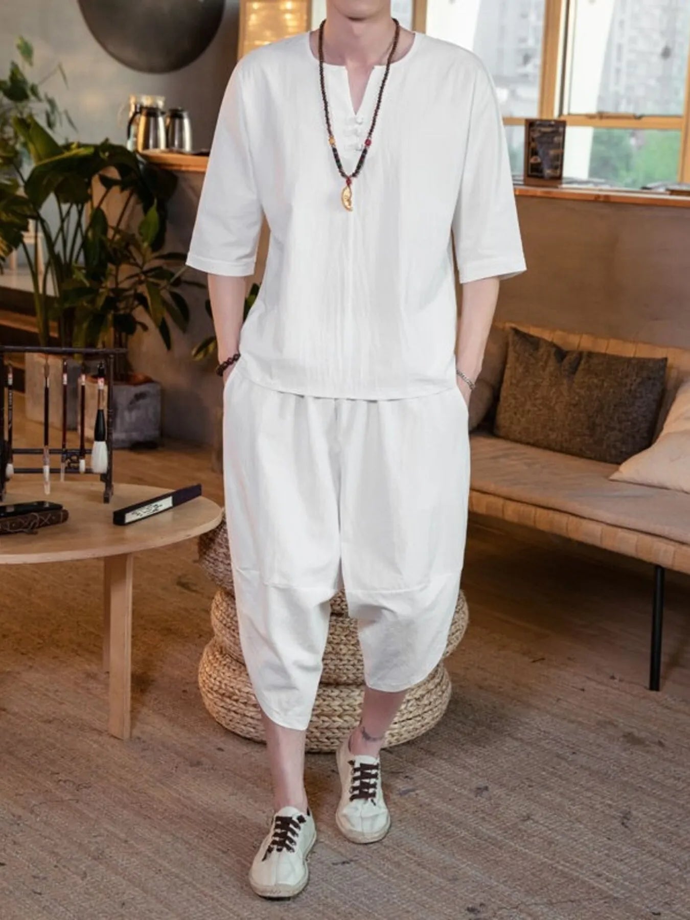 Men's Plus Size Notched Half Sleeve Top and Cropped Pants Set White Easy Apparels