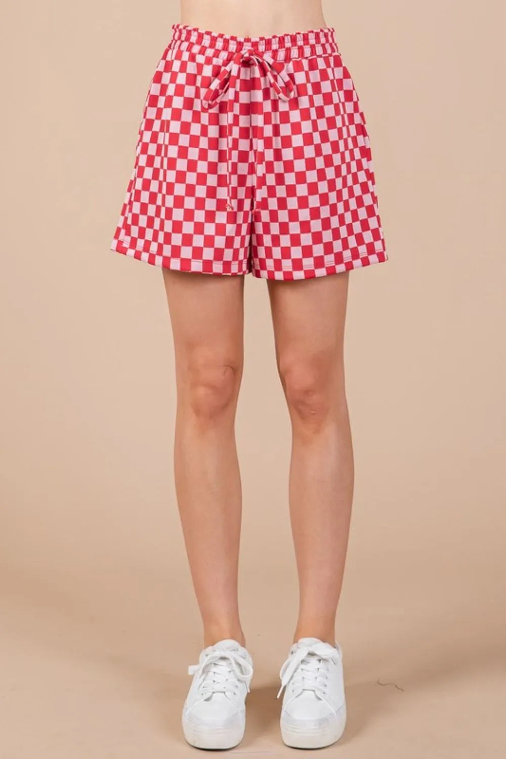 Ces Femme Checkered Round Neck Top and Shorts Set Easy Apparels