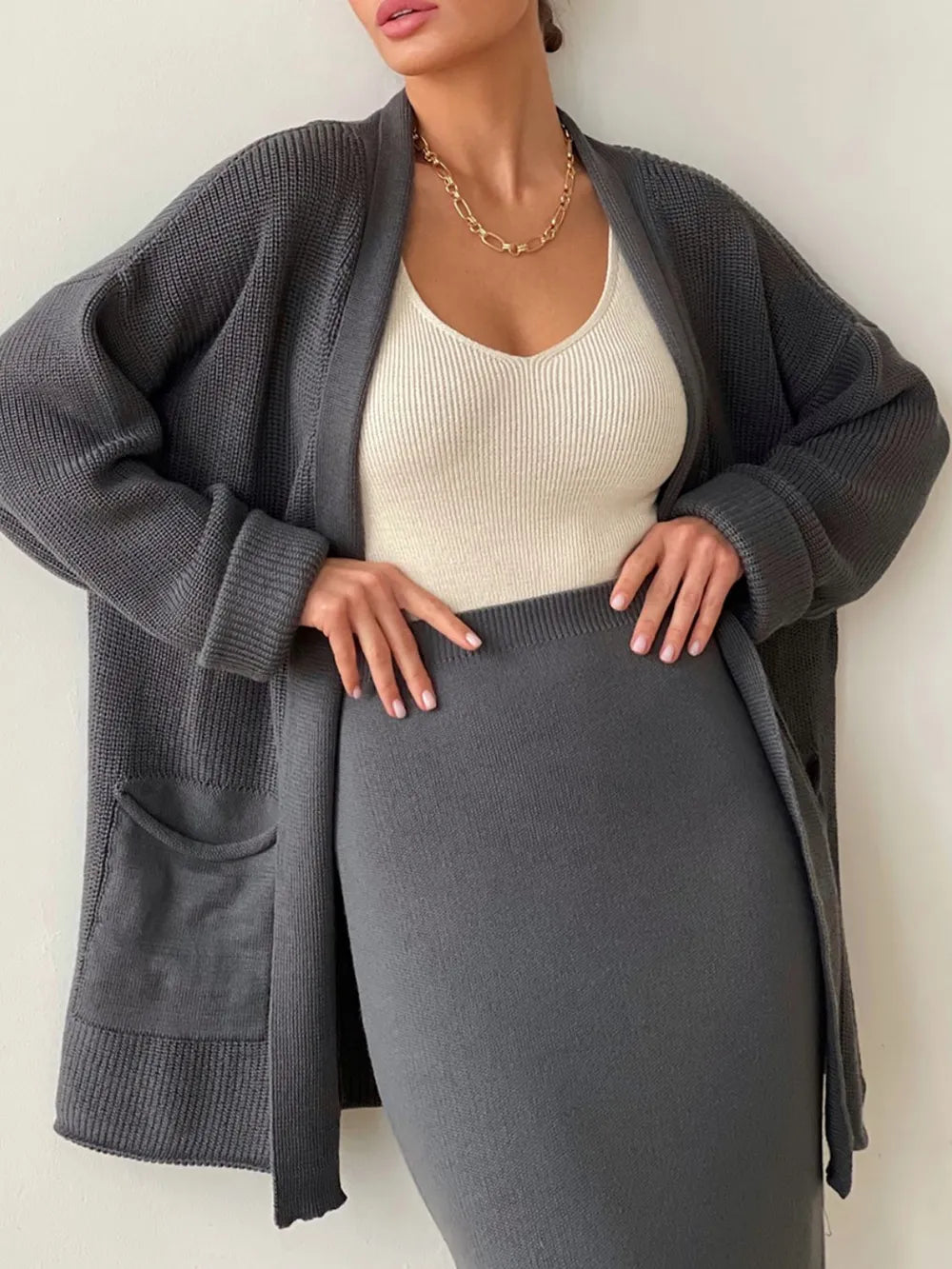 Pocketed Long Sleeve Cardigan and Skirt Sweater Set Easy Apparels