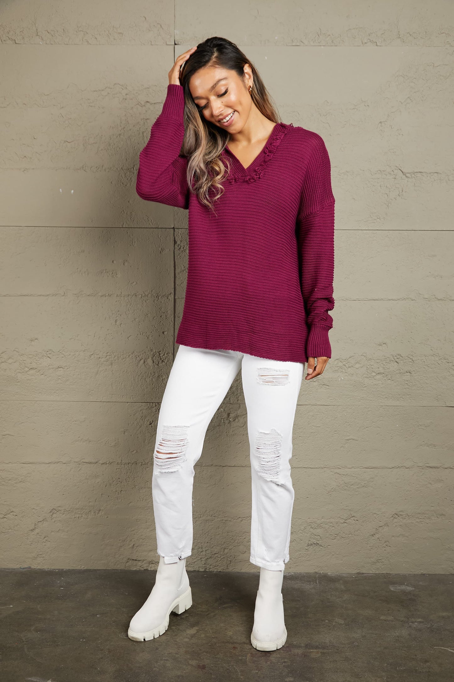 Woven Right Horizontal Ribbing Fringe Trim Hooded Sweater Easy Apparels