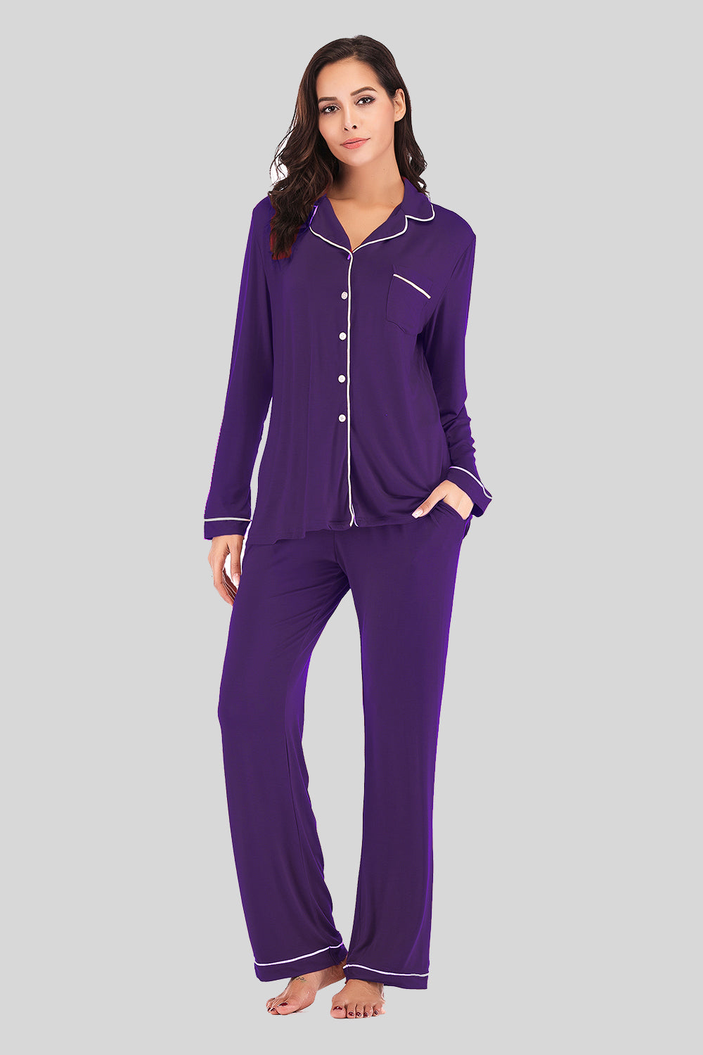 Collared Neck Long Sleeve Loungewear Set with Pockets Violet Easy Apparels