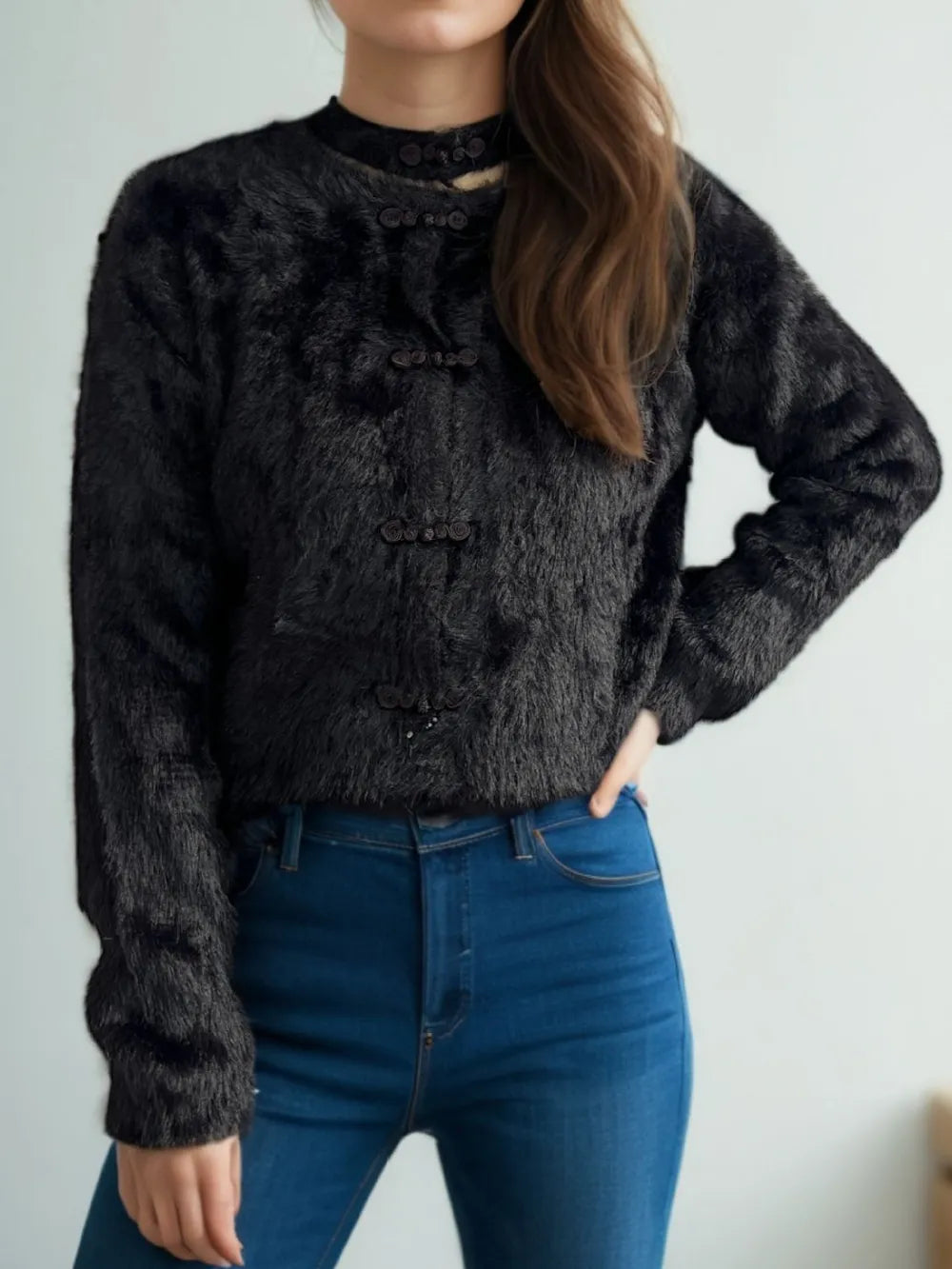 Cutout Knot Button Long Sleeve Cardigan Easy Apparels