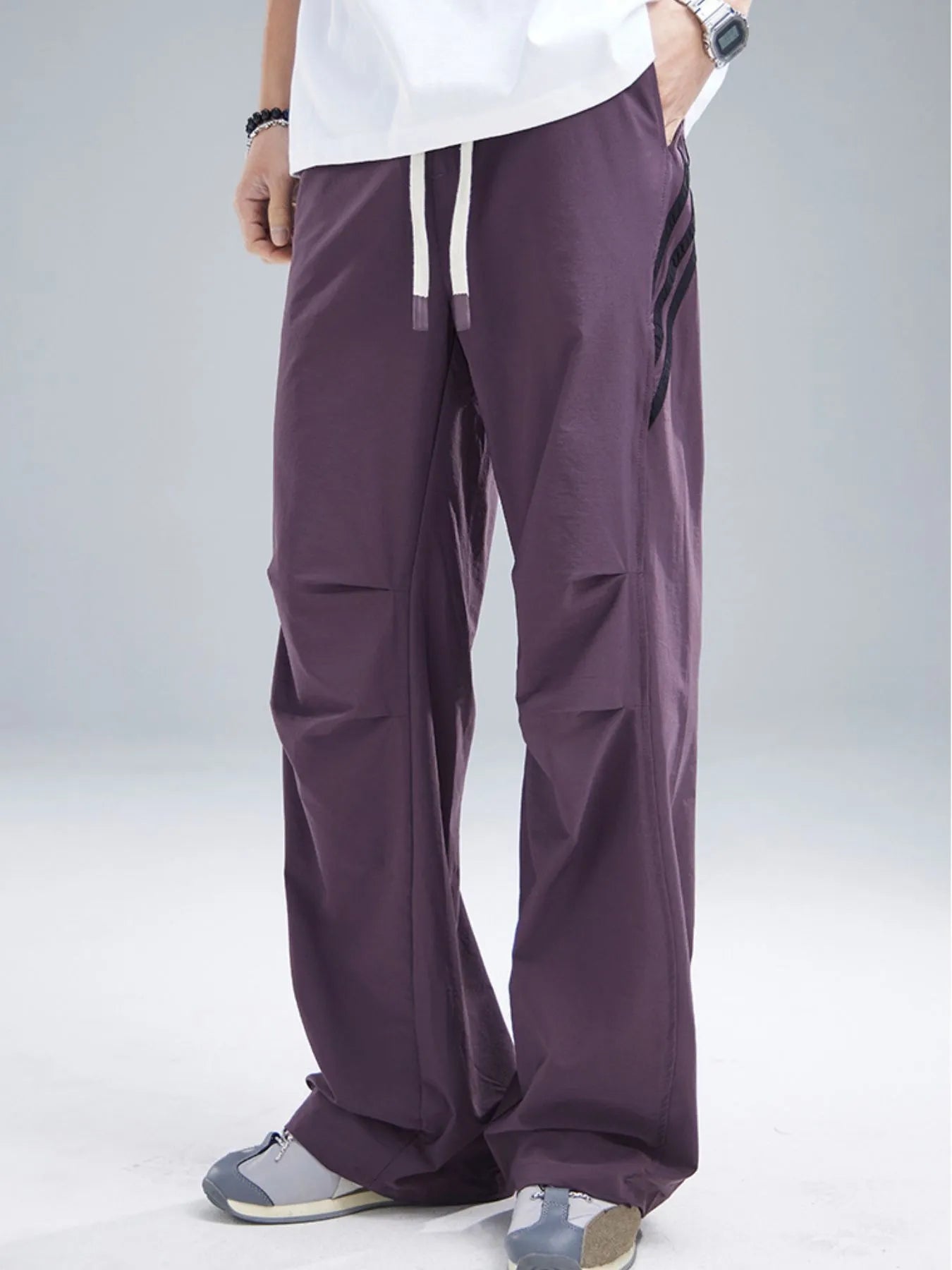 Men's Drawstring Ruched Pants with Side Stripes Purple Easy Apparels