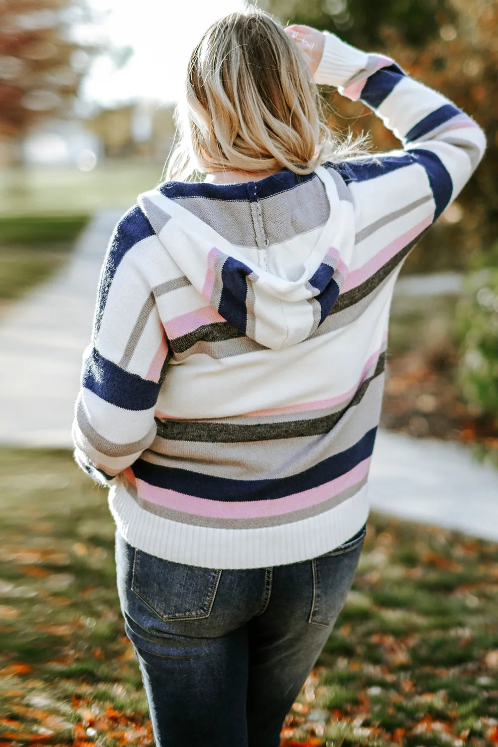 Plus Size Striped Long Sleeve Hooded Sweater Easy Apparels