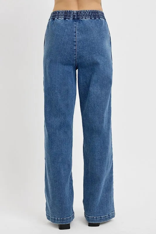 RISEN Full Size Elastic Waist Wide Leg Jeans Plus Size Easy Apparels