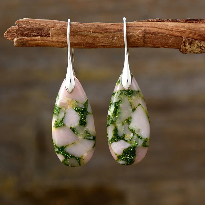 Teardrop Shape Natural Stone Dangle Earrings Pink Green Silver One Size Easy Apparels