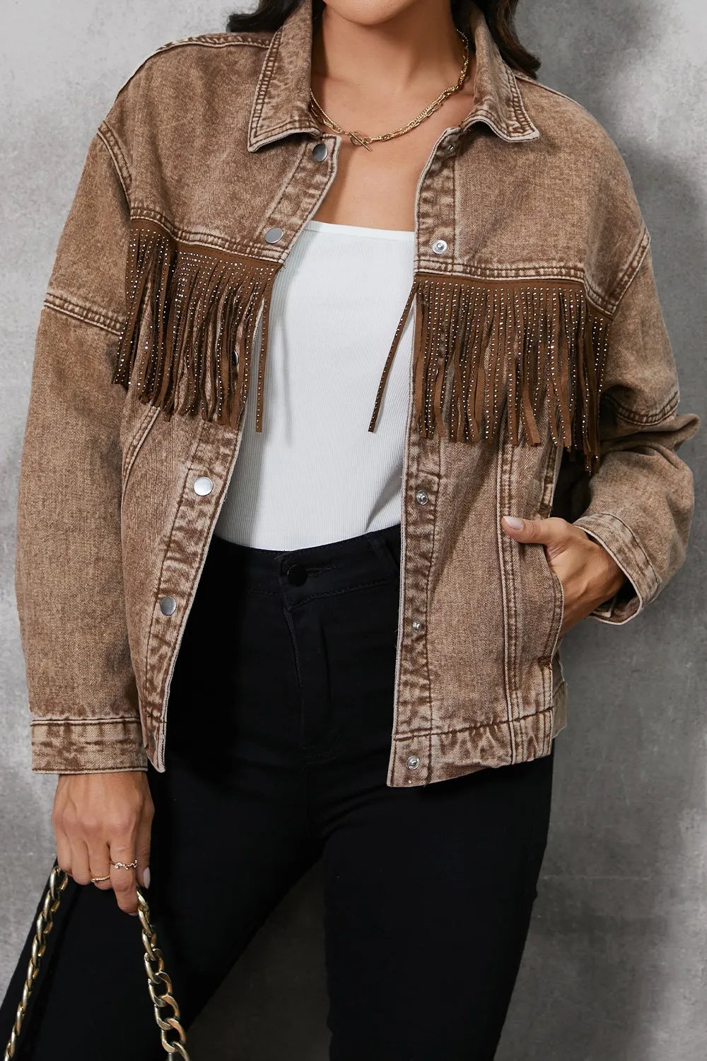 Fringe Trim Snap Down Denim Jacket Easy Apparels