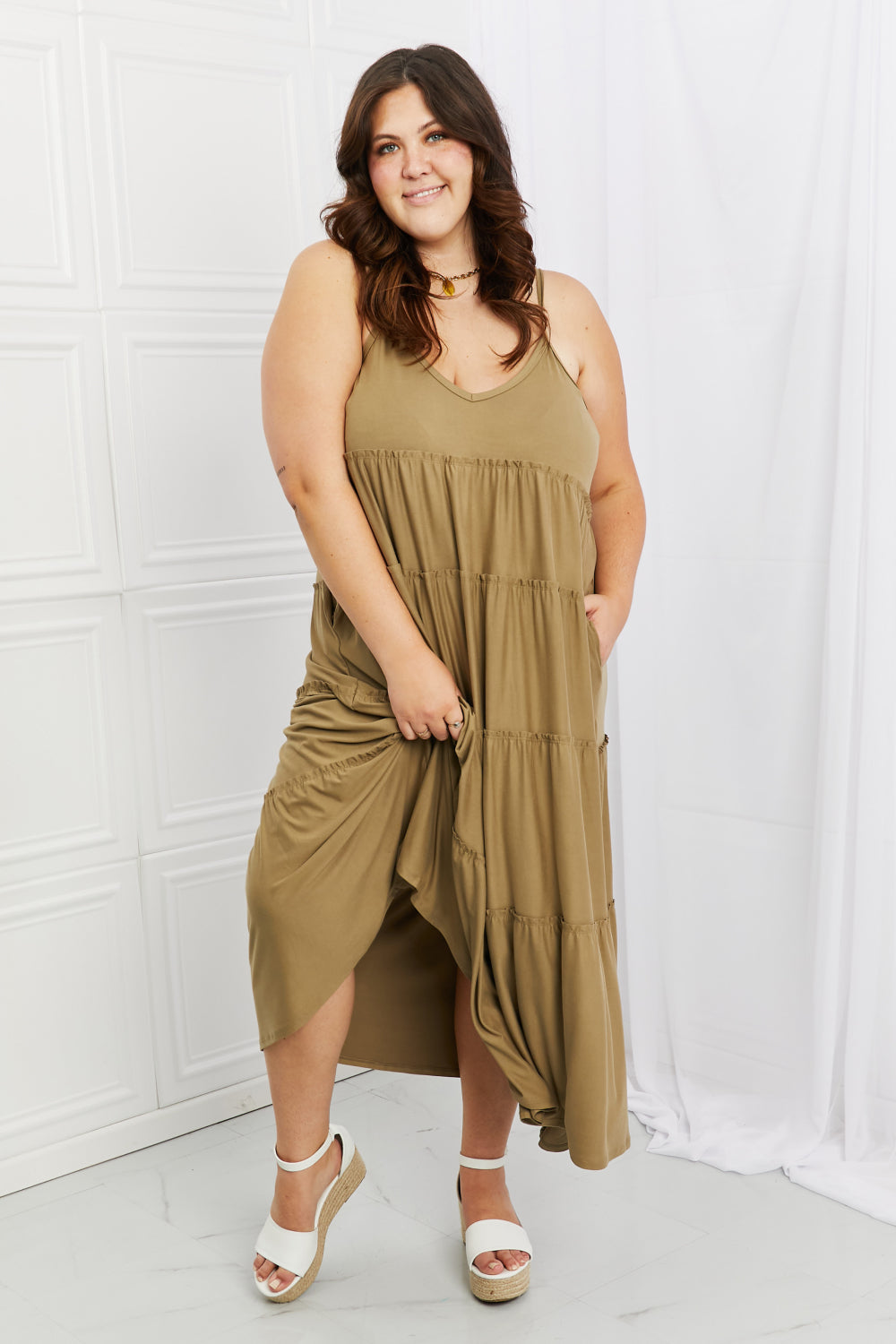 Zenana Full Size Spaghetti Strap Tiered Dress with Pockets in Khaki Easy Apparels