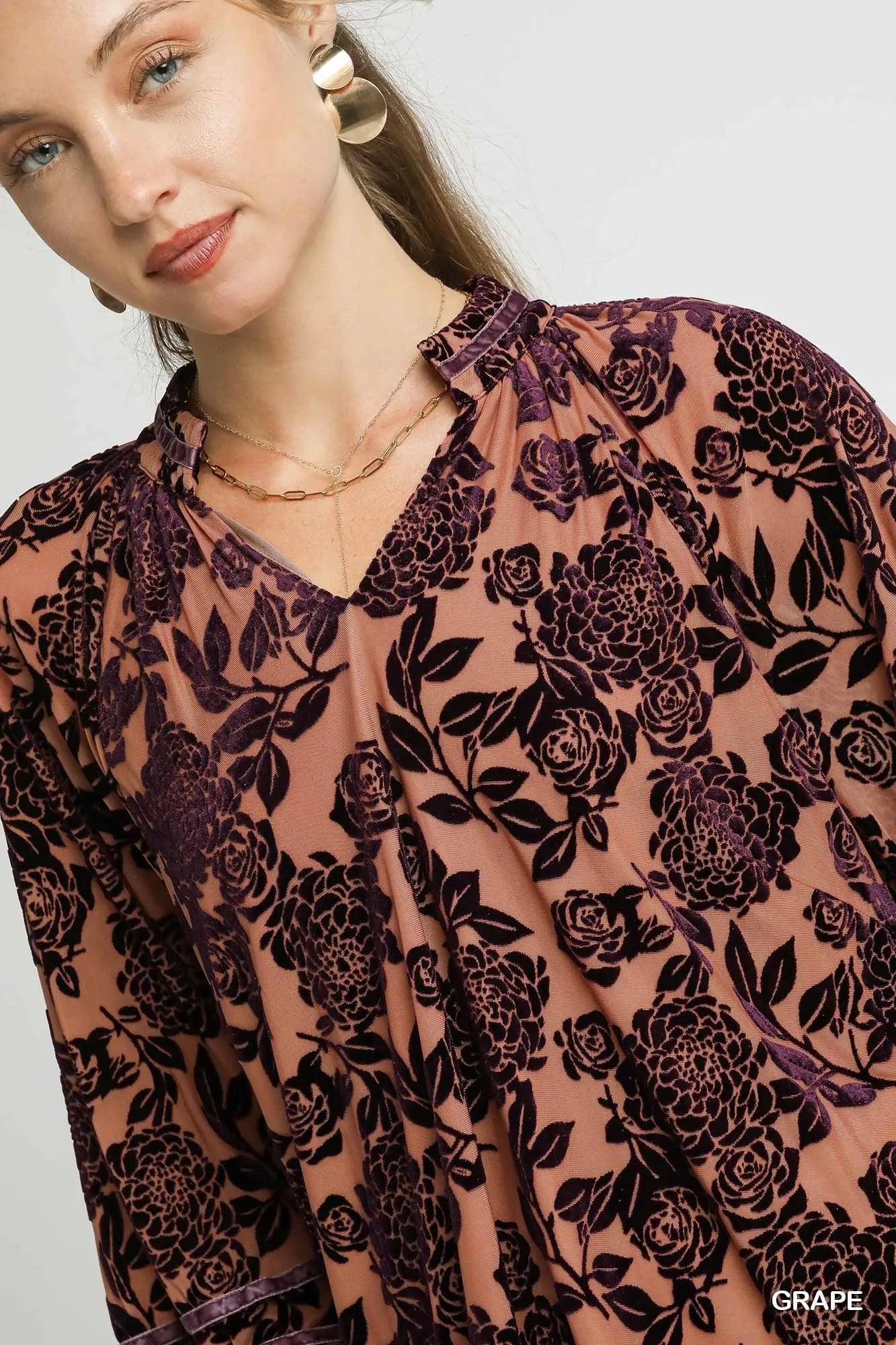 Trendsi Umgee Floral Velvet Blouse with Balloon Sleeves