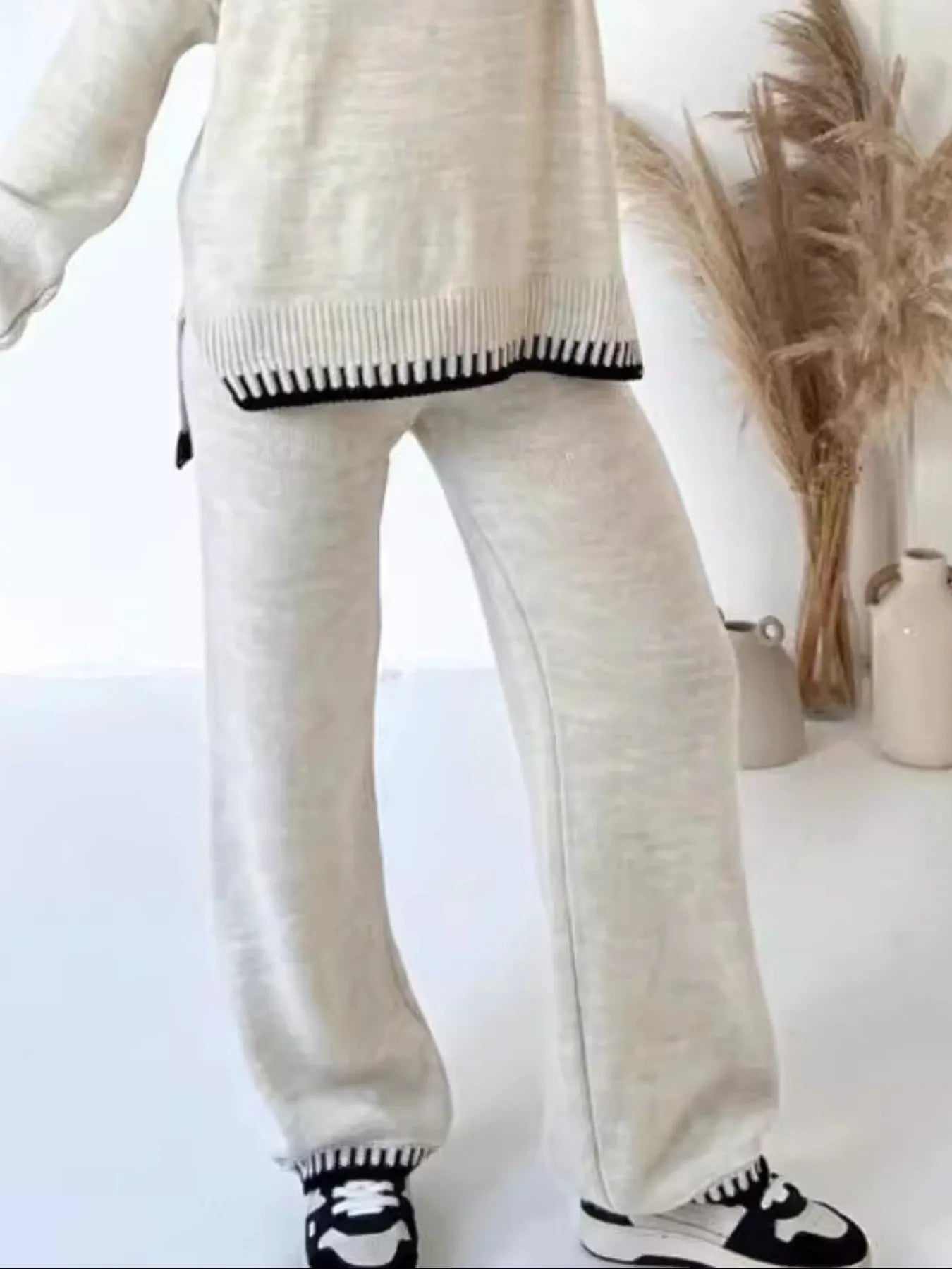 Contrast Trim Round Neck Top and Pants Sweater Set Easy Apparels