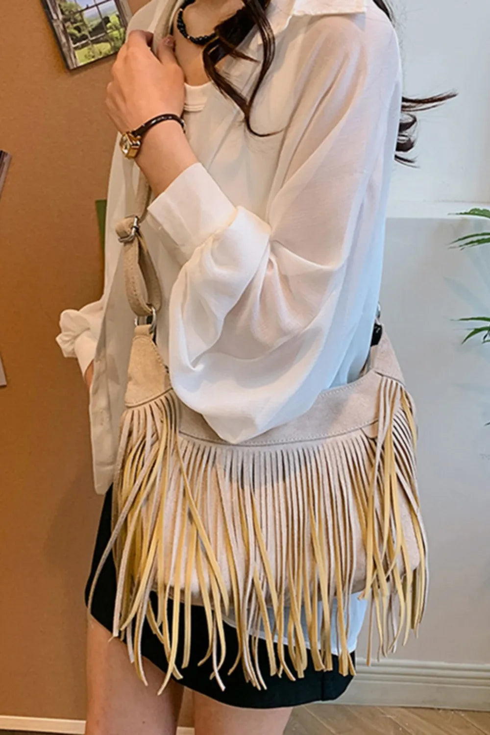 Suede Fringe Adjustable Strap Shoulder Bag Easy Apparels