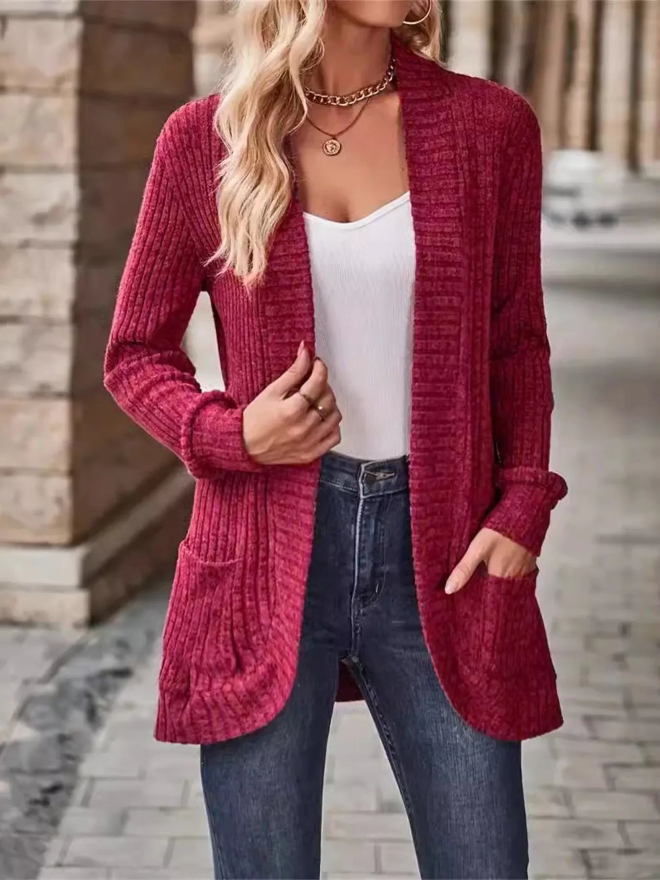 Ribbed Open Front Long Cardigan with Pockets Easy Apparels