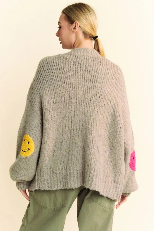 Davi & Dani Fuzzy Smile Open Front Long Sleeve Cardigan Easy Apparels