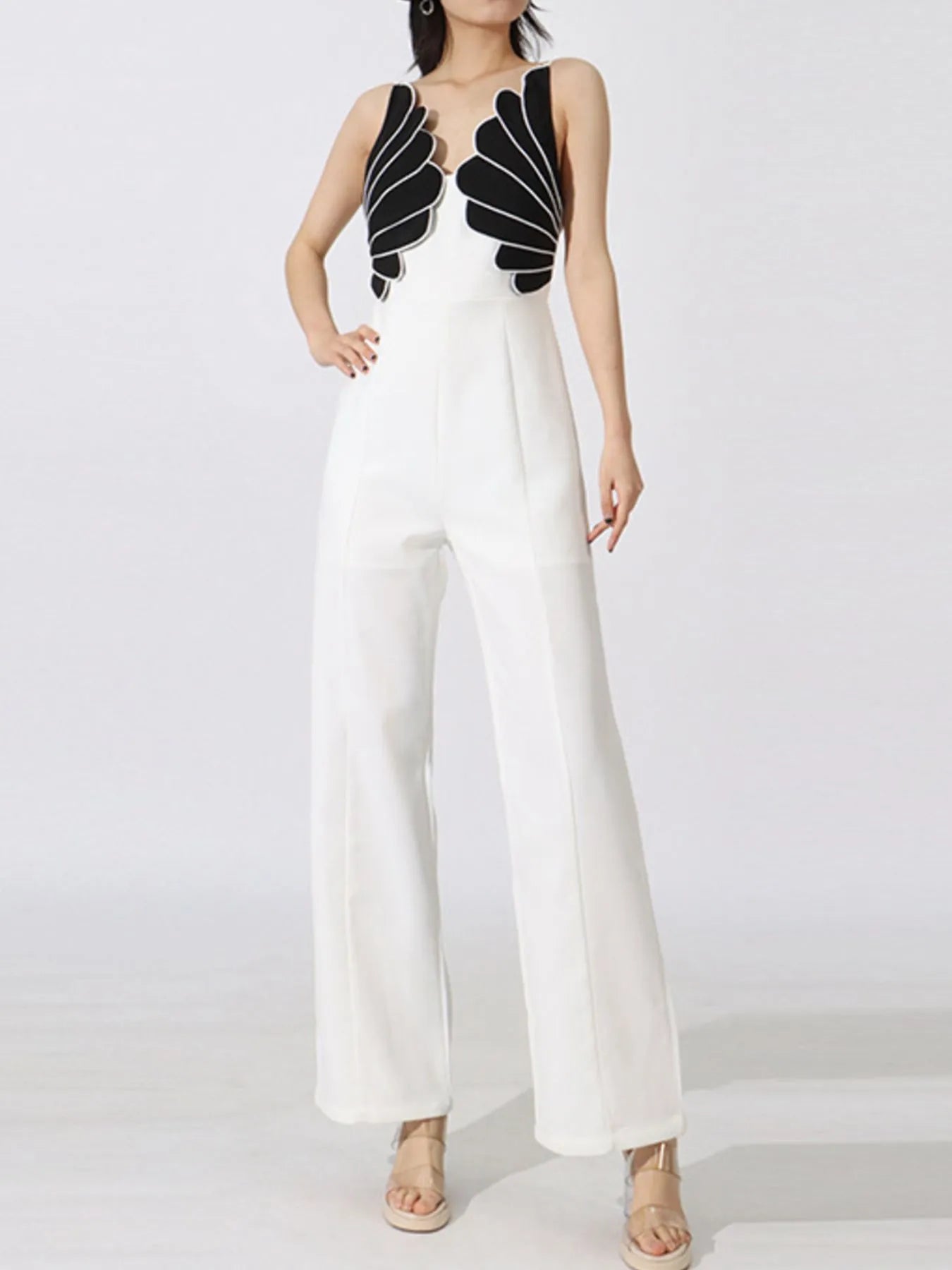 Contrast Sleeveless Wide-Leg Jumpsuit White Easy Apparels