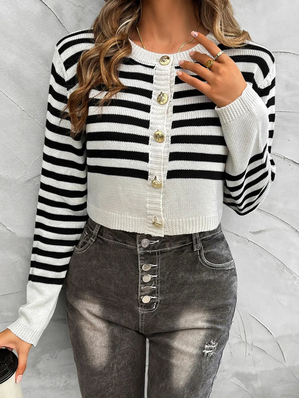 Devine Striped Round Neck Button Down Cardigan Easy Apparels