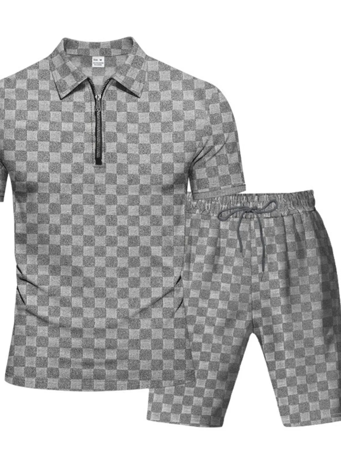 Men's Full Size Quarter Zip Short Sleeve Top and Shorts Set Plus Size Grey Easy Apparels