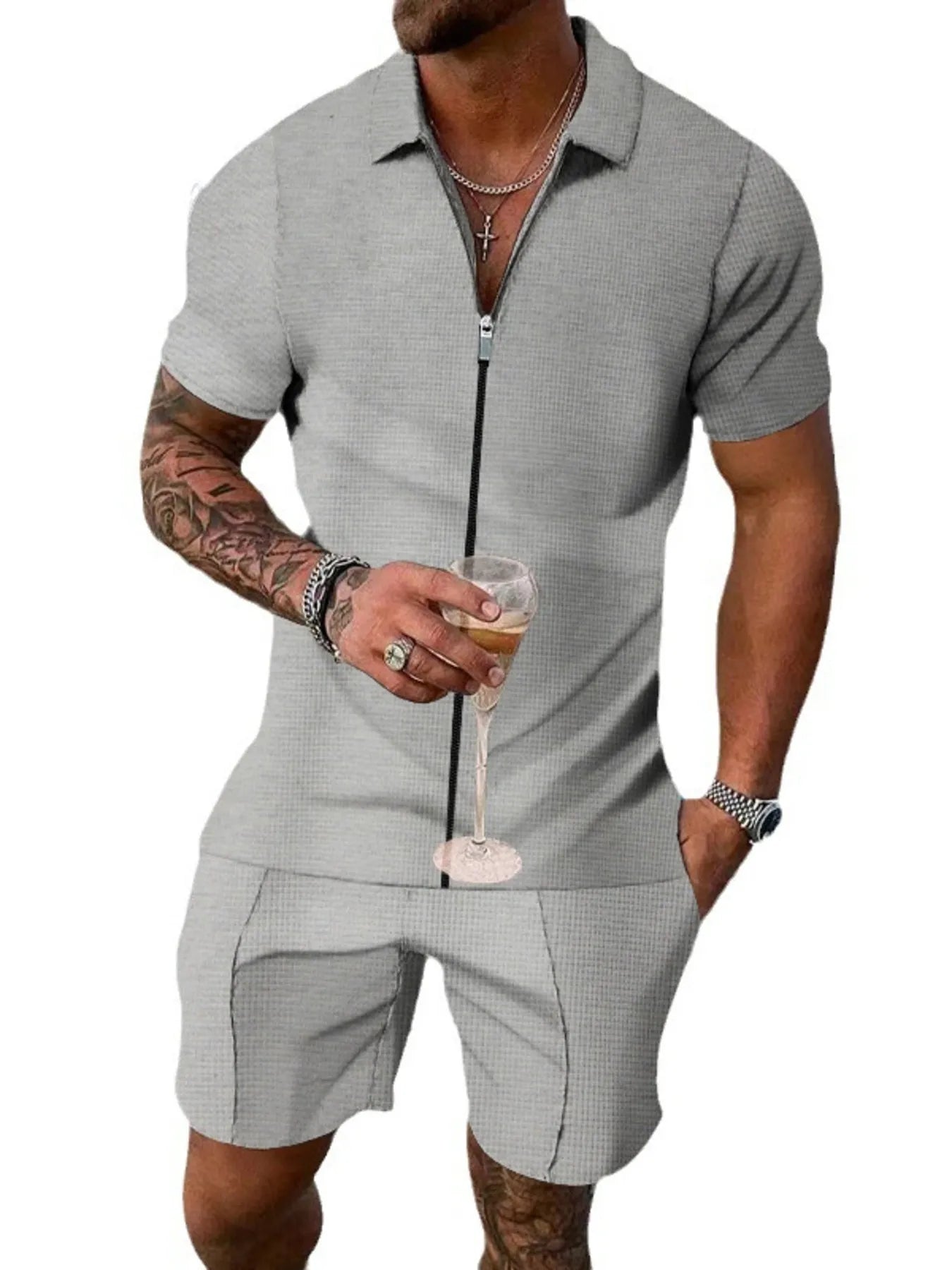 Men's Plus Size Zip Up Short Sleeve Top and Shorts Set Light Gray Easy Apparels