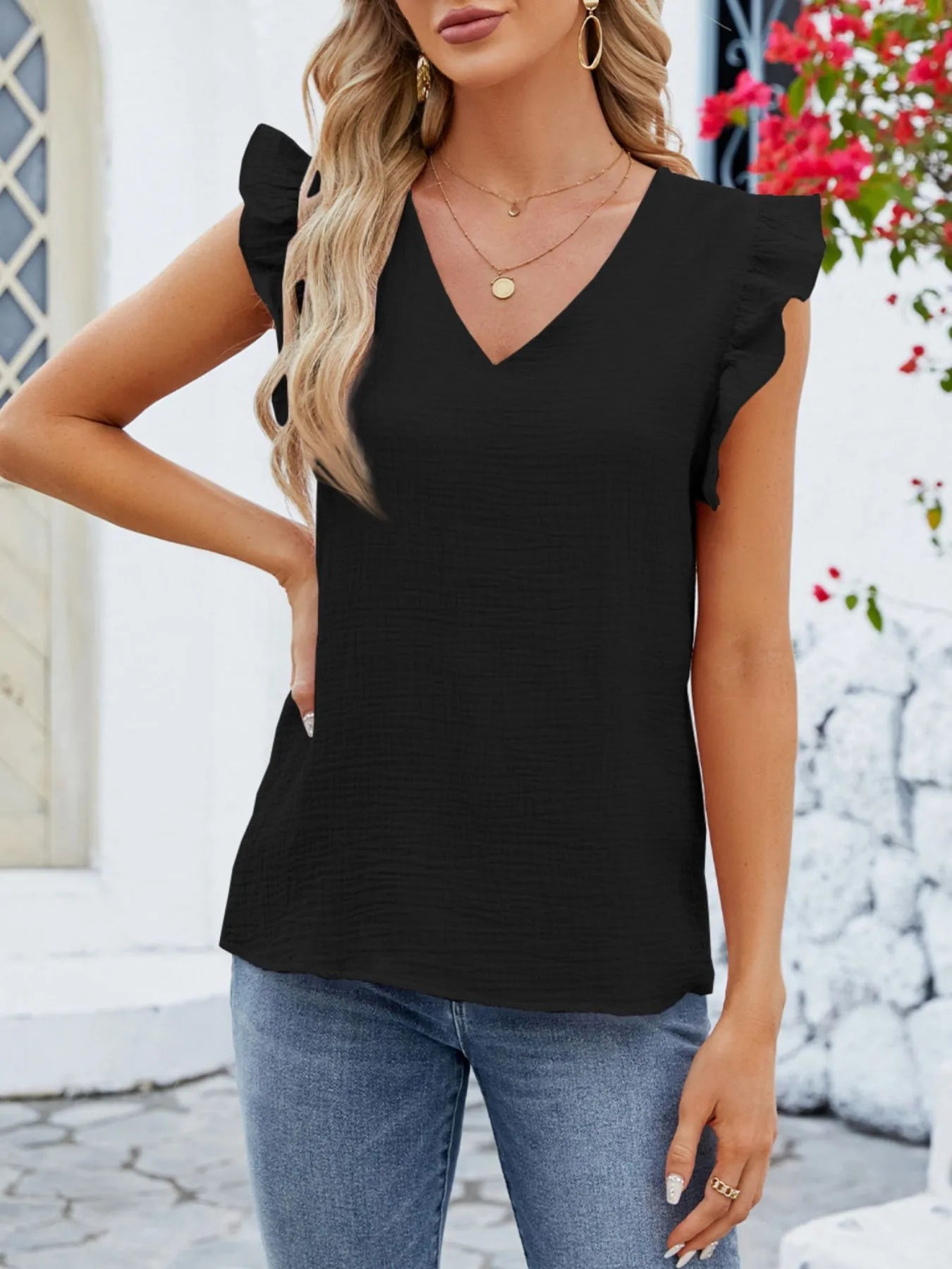 Trendsi V-Neck Ruffled Sleeve Top