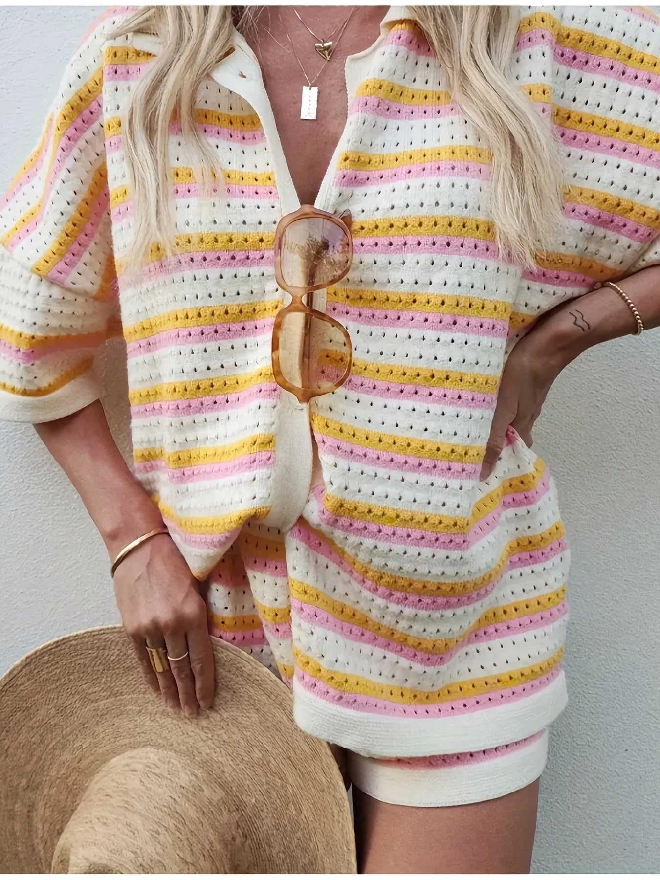 Colorful Striped Button Up Top and Shorts Sweater Set Easy Apparels