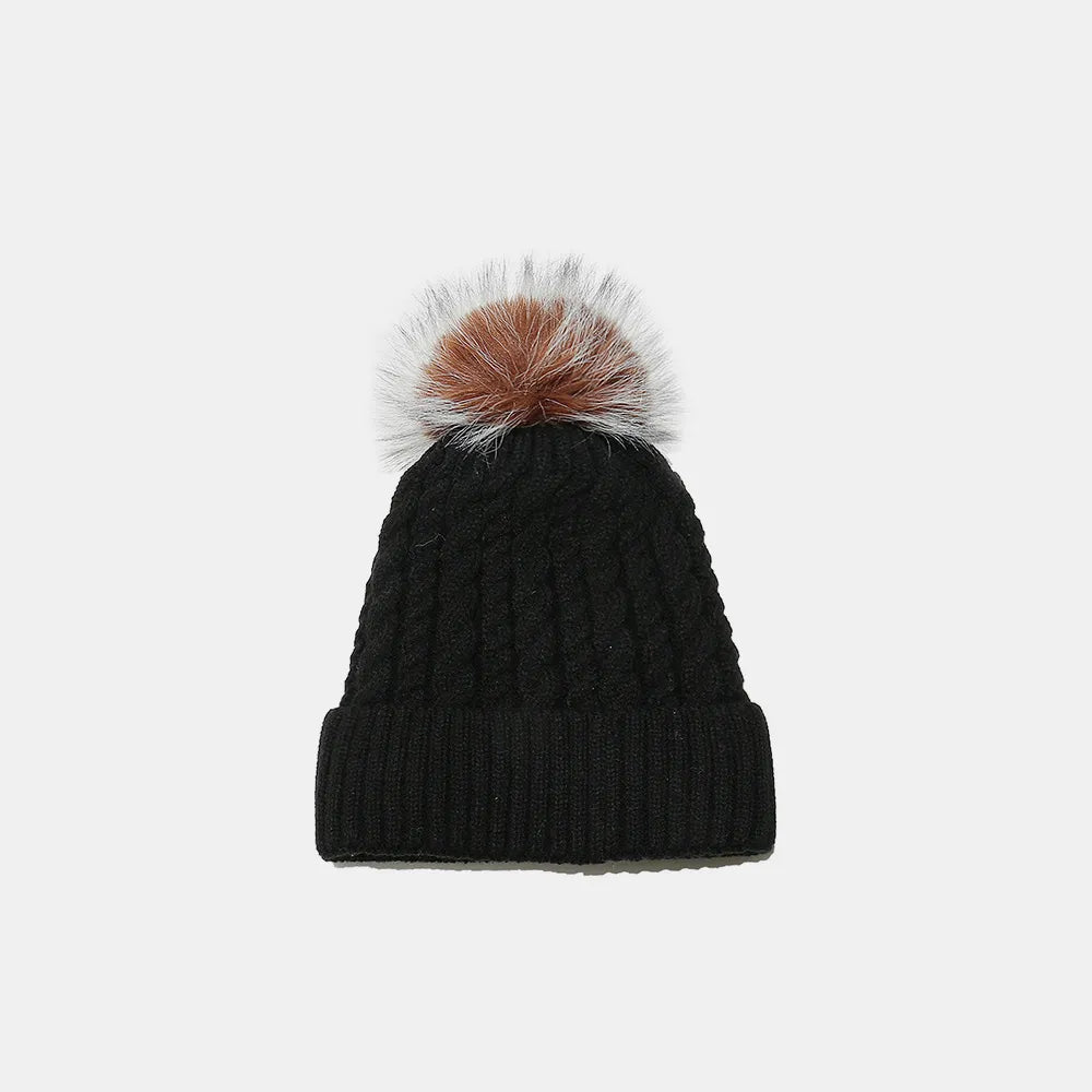 Cable Knit Winter Hat with Pompom Black One Size Easy Apparels