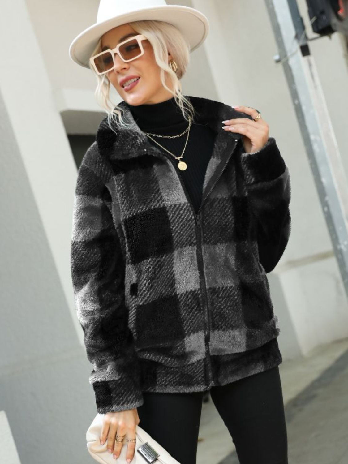 Plaid Zip-Up Collared Jacket Charcoal Easy Apparels