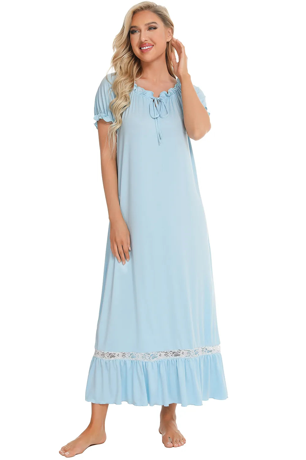 Lace Detail Short Sleeve Lounge Dress Easy Apparels