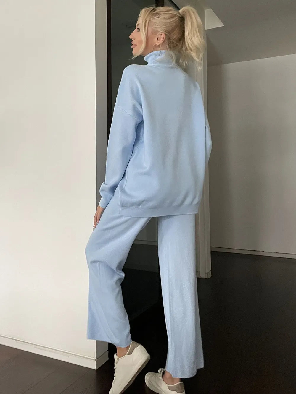 Turtleneck Long Sleeve Top and Drawstring Pants Sweater Set Easy Apparels
