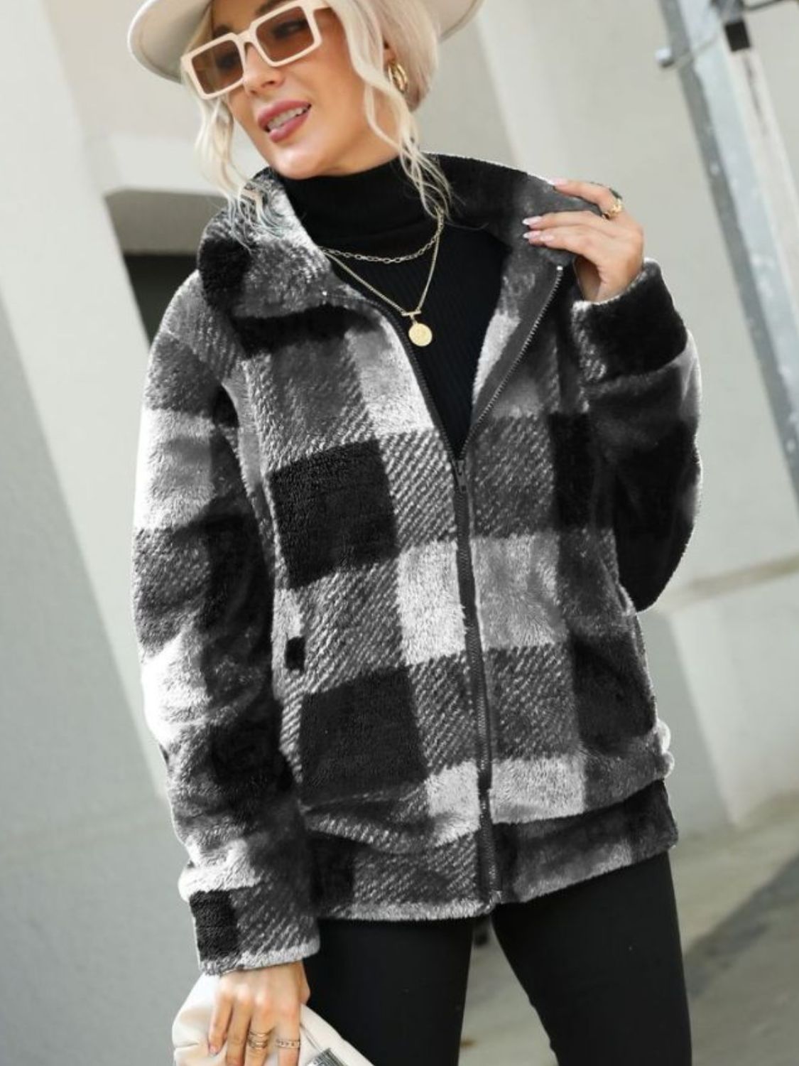 Plaid Zip-Up Collared Jacket White Easy Apparels