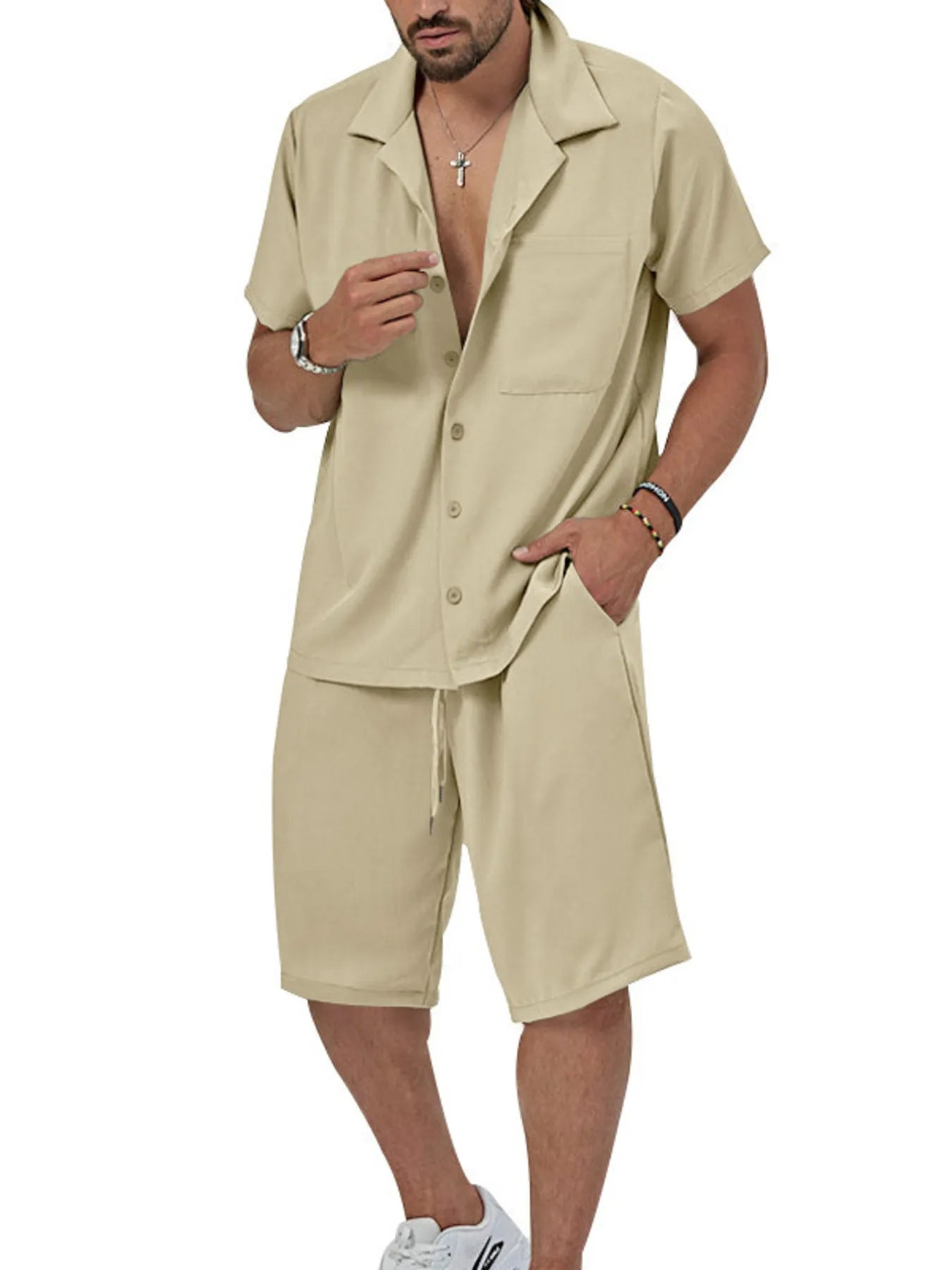Men's Plus Size Button Up Short Sleeve Shirt and Shorts Set Khaki Easy Apparels