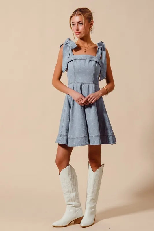 SO ME A Line Fit and Flare Diamond Bow Ribbon Denim Dres Easy Apparels