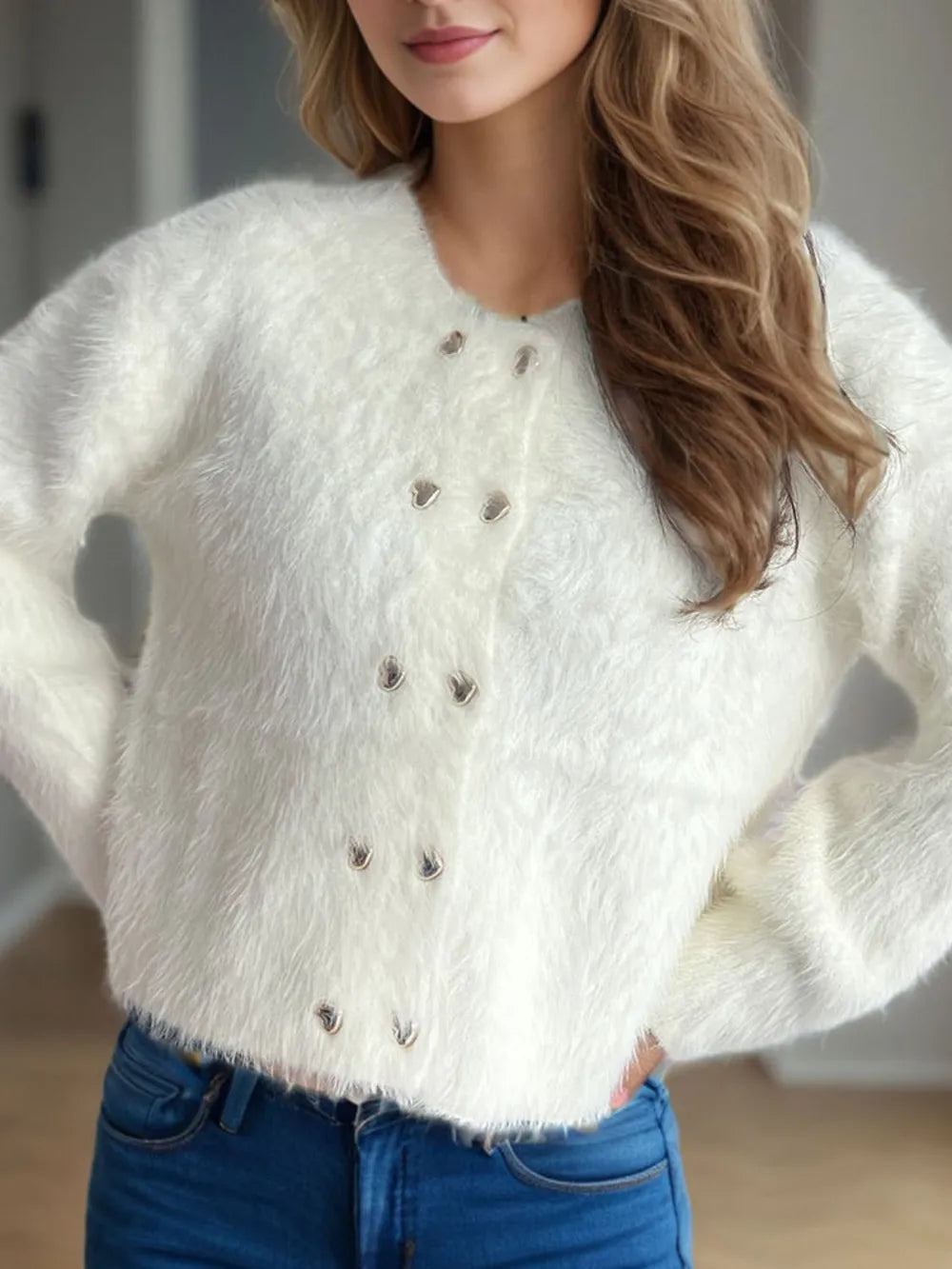 Heart Button Round Neck Cardigan Easy Apparels