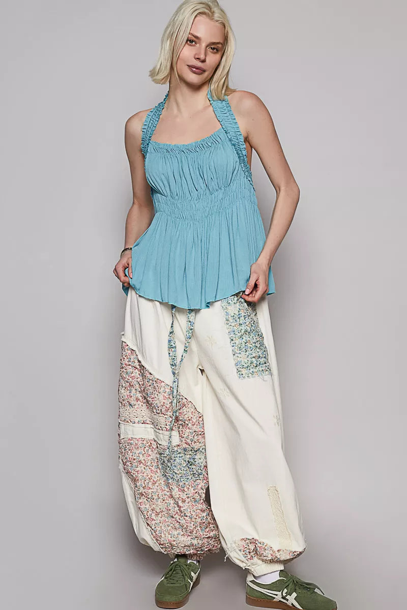 POL Backless Halter Sleeveless Top with Smocking Shirring Detail Easy Apparels