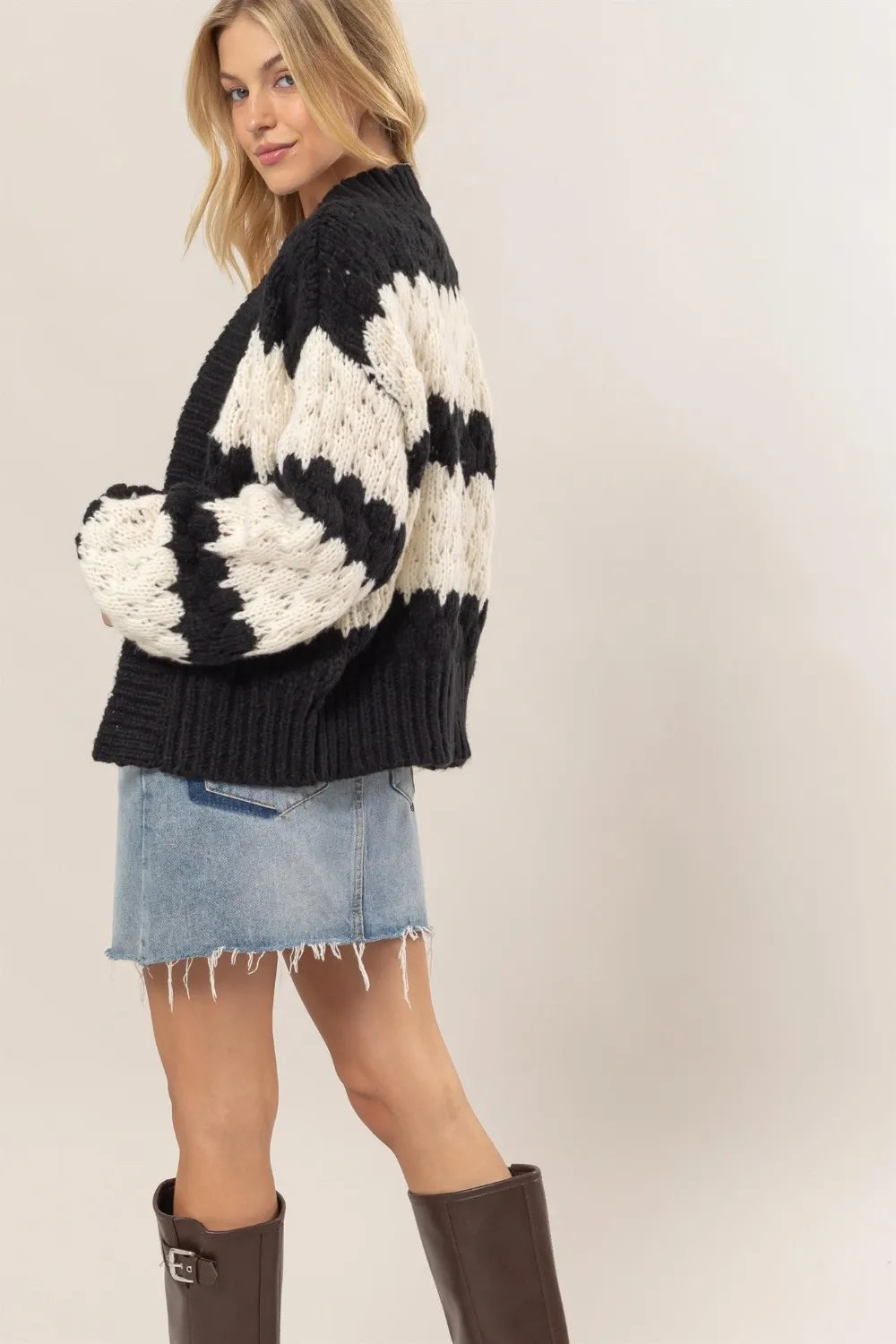 HYFVE Scallop Striped Open Front Long Sleeve Sweater Cardigan Easy Apparels
