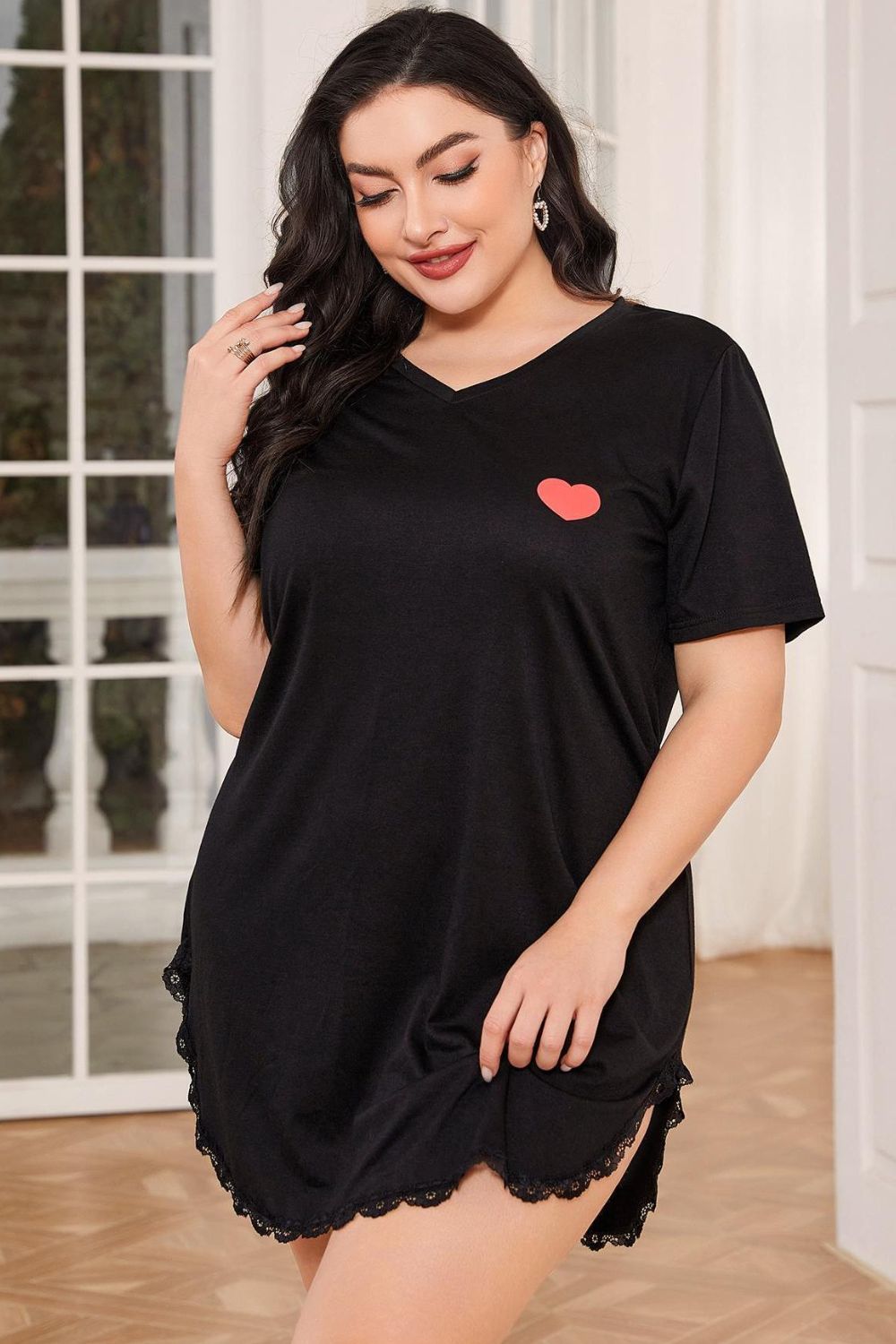 Plus Size Lace Trim V-Neck Short Sleeve Night Dress Easy Apparels