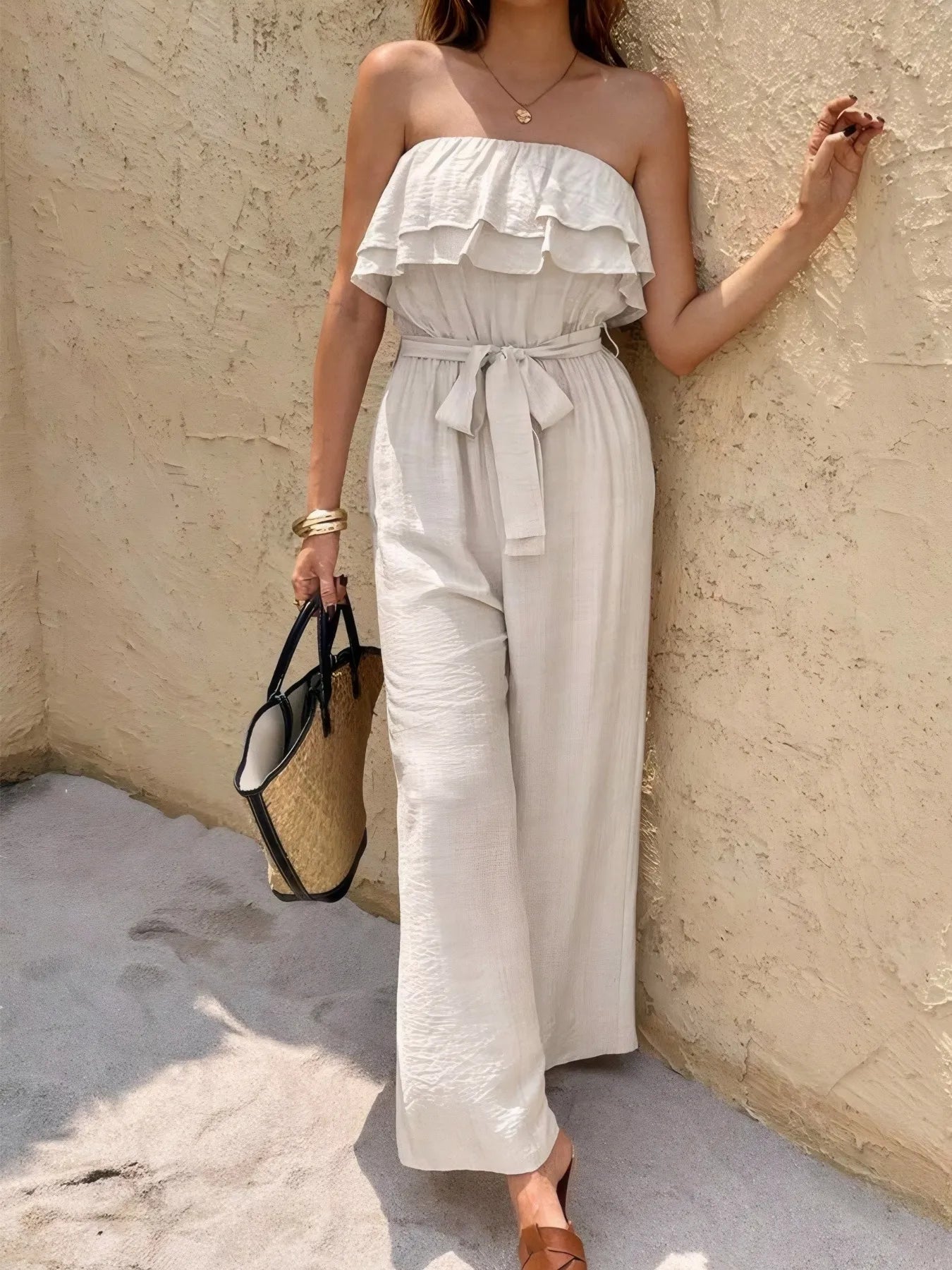 Off-Shoulder Ruffled Wide Leg Jumpsuit Easy Apparels