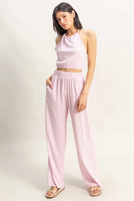 HYFVE Striped Halter Neck Top and Pants Set PINK WHITE Easy Apparels
