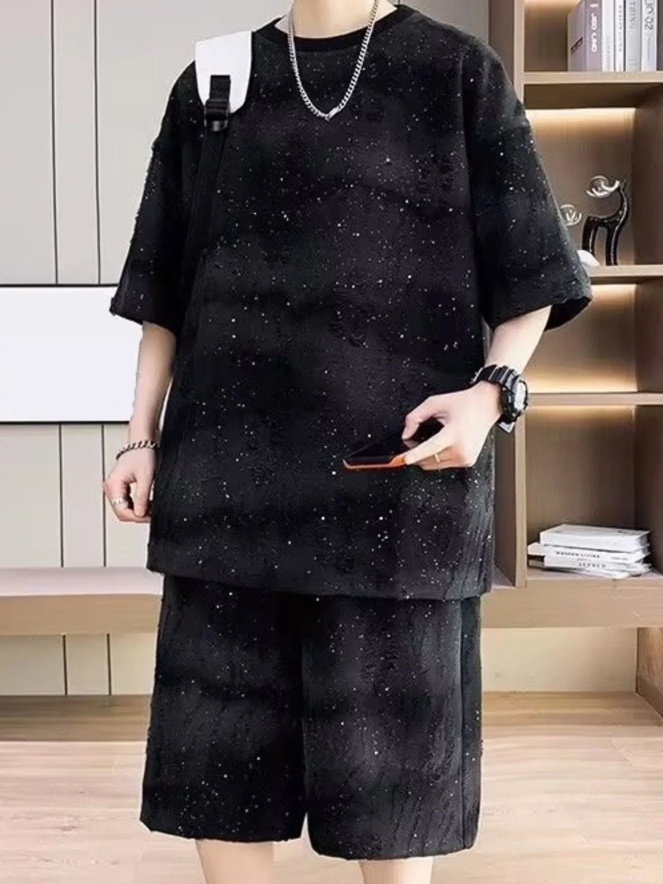 Men's Full Size Round Neck Half Sleeve Top and Shorts Set Plus Size Black Easy Apparels