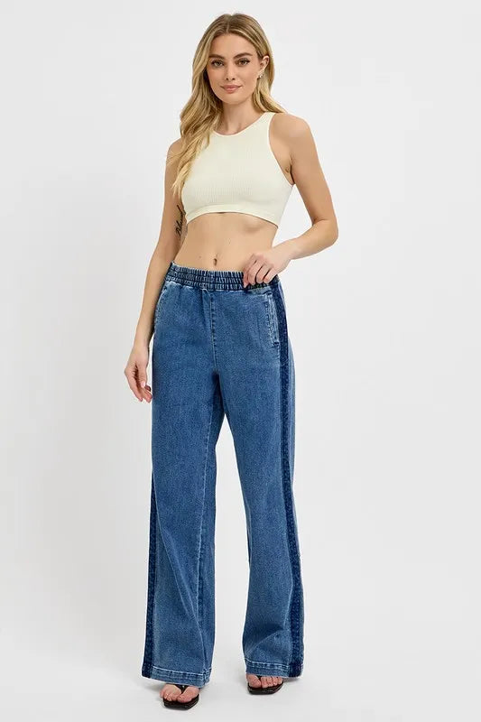 RISEN Full Size Elastic Waist Wide Leg Jeans Plus Size Easy Apparels