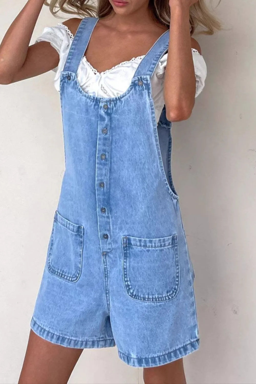 Button Front Denim Overall Shorts with Front Pockets Easy Apparels