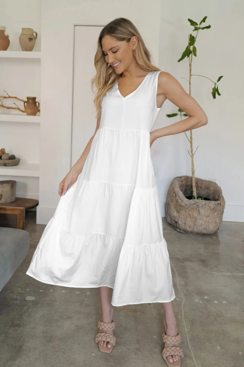 FAM-FAM Tiered V-Neck Sleeveless Dress White Easy Apparels