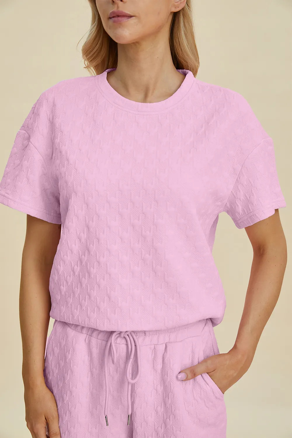 Double Take Full Size Texture Round Neck Short Sleeve Top and Pants Set Easy Apparels