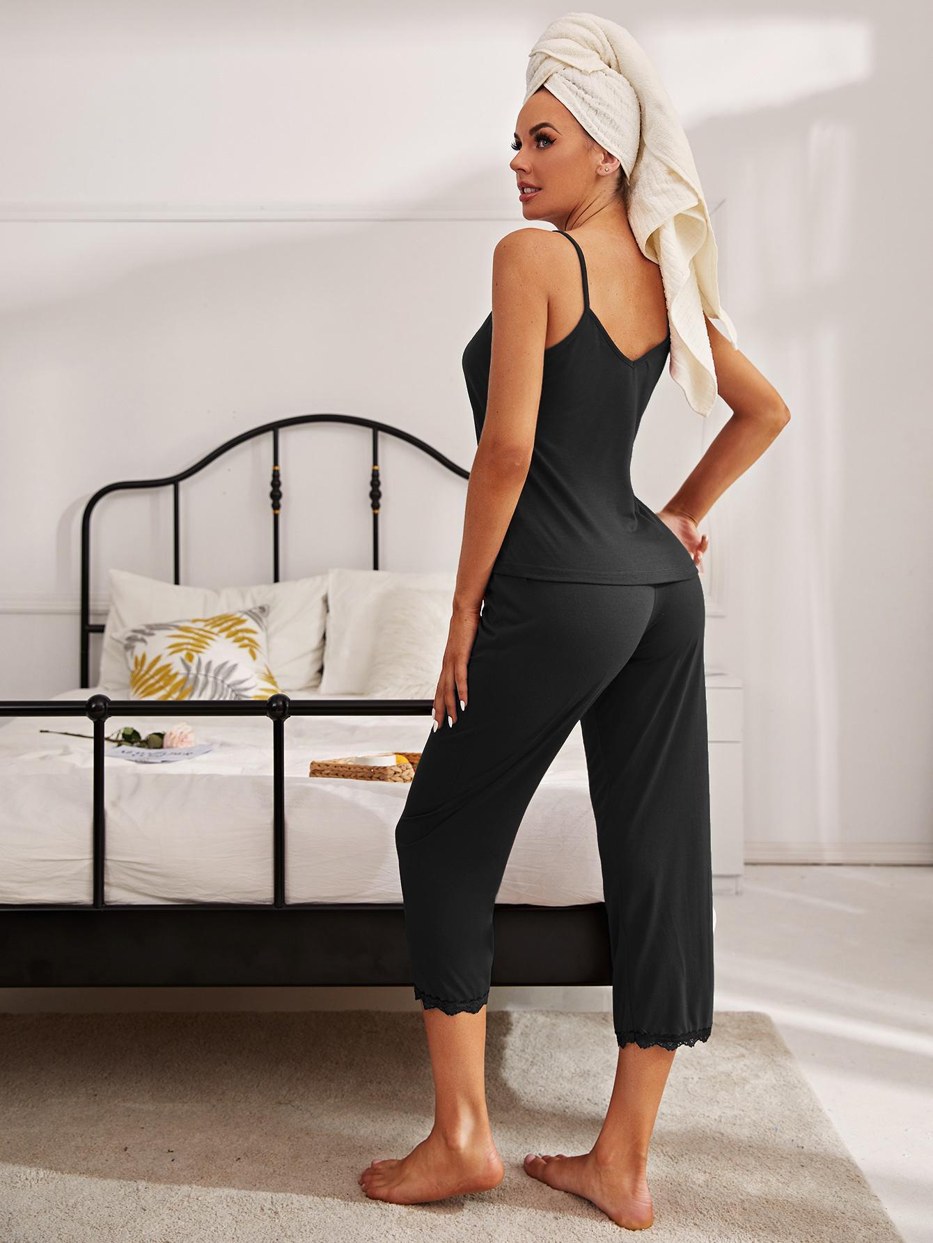 V-Neck Lace Trim Slit Cami and Pants Pajama Set Easy Apparels