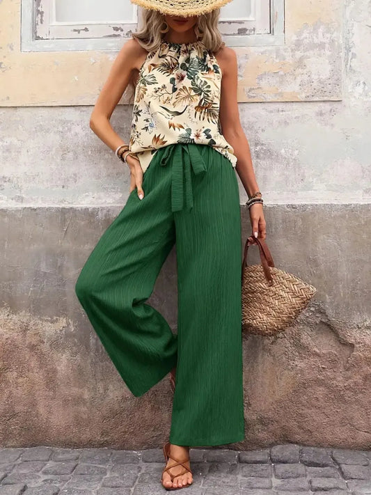 Printed Tank Top and Wide Leg Pants Set Dark Green Easy Apparels