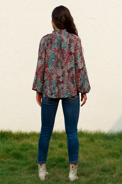 Trendsi Tie Neck Heathered Balloon Sleeve Blouse