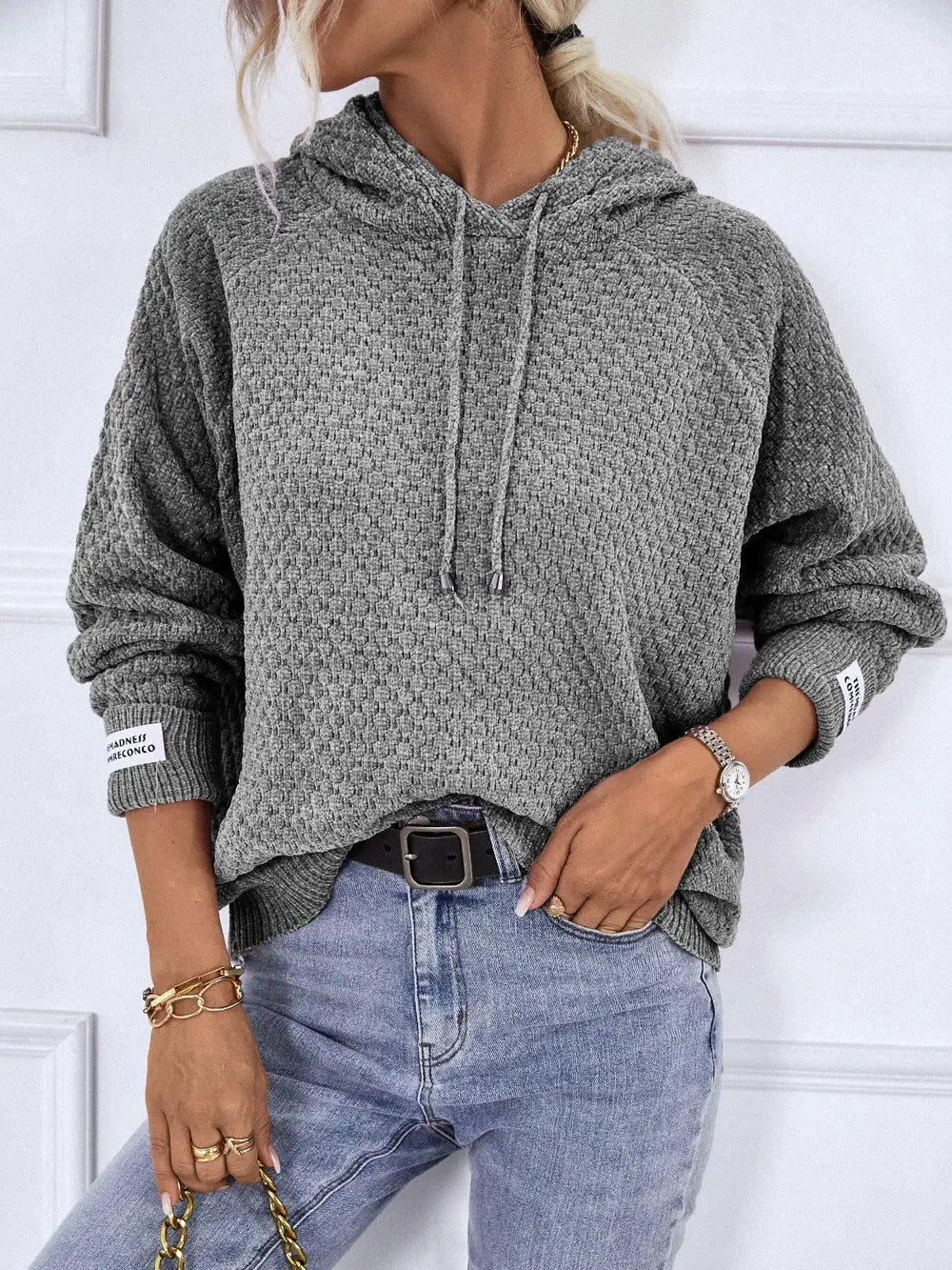 Texture Drawstring Long Sleeve Hooded Sweater Easy Apparels