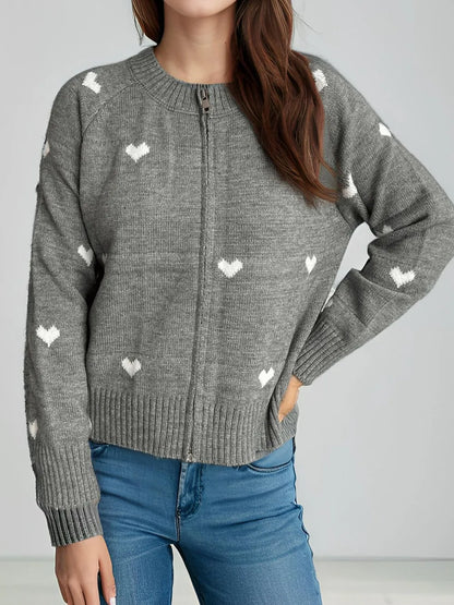 Heart Round Neck Zip Up Cardigan Easy Apparels