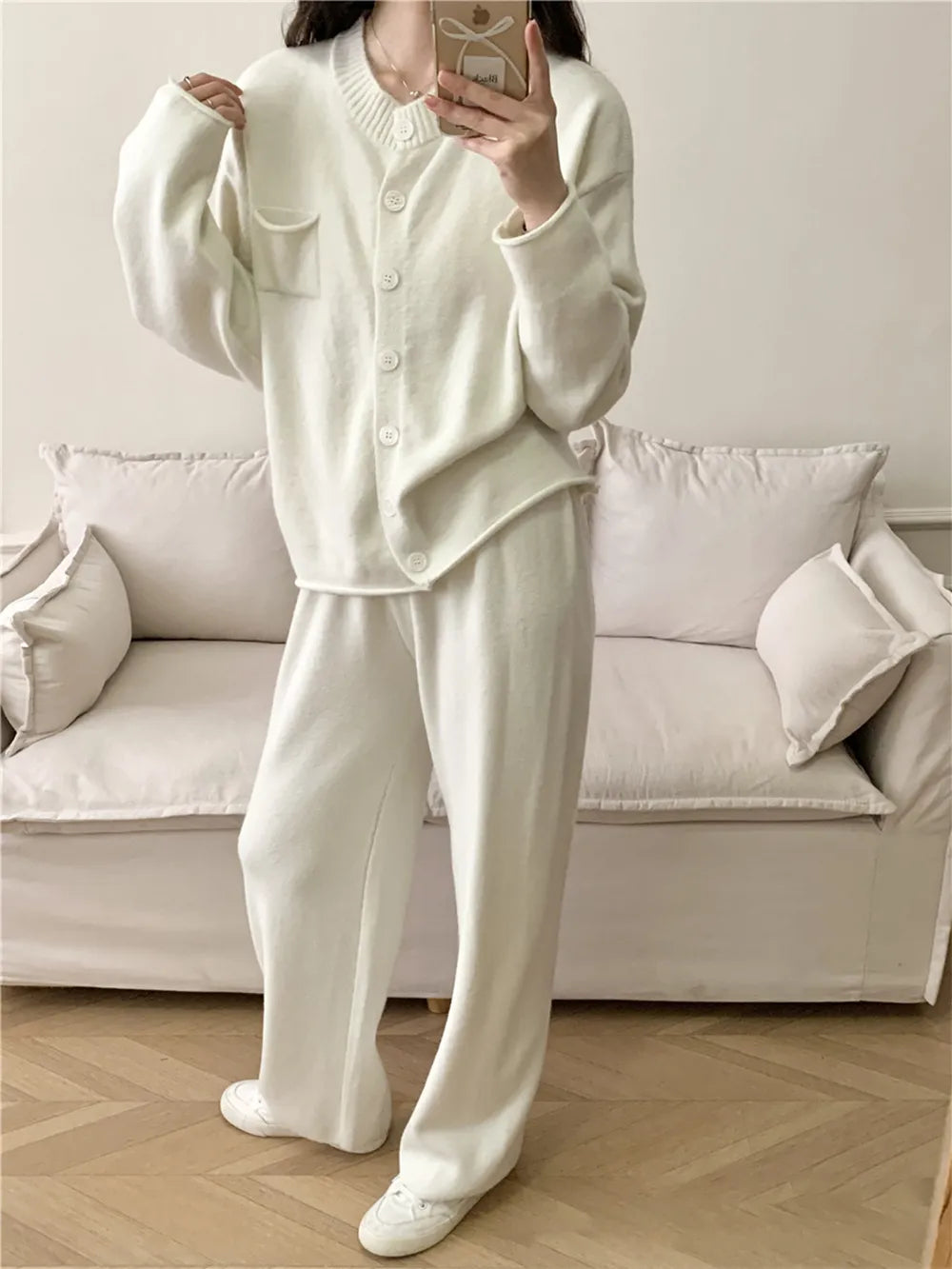 Pocketed Round Neck Button Up Cardigan and Pants Sweater Set Easy Apparels