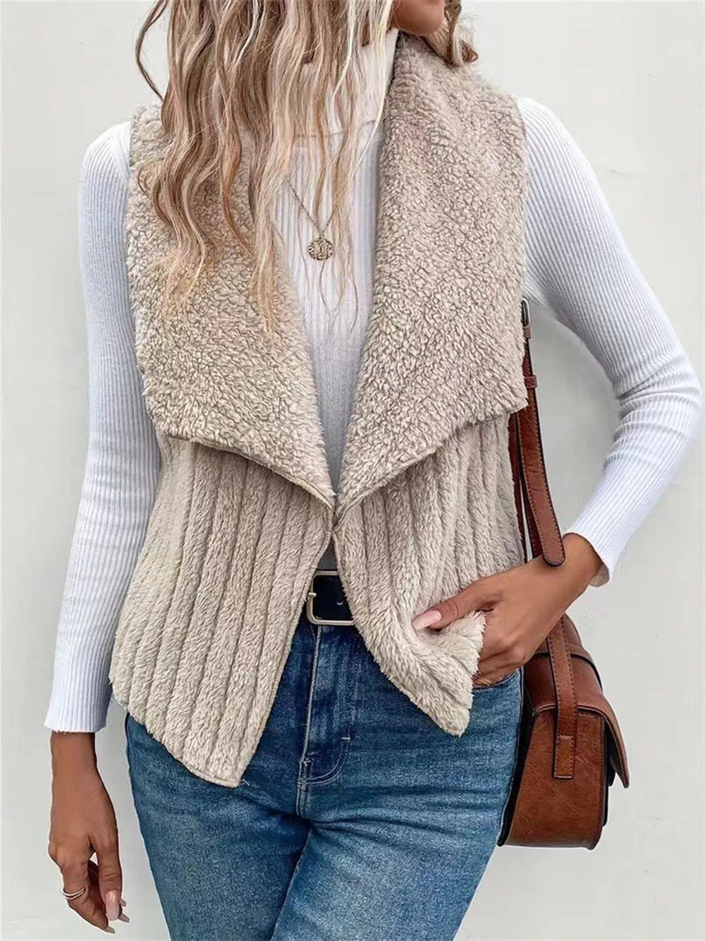 Open Front Fuzzy Vest Coat Dust Storm Easy Apparels